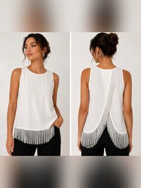 Rory Beca Silk Fringe Tank Open Back White Party Festival Boho Top Concert Chic